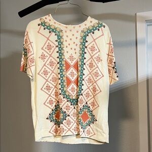 Vintage Geometric Print Short Sleeve Pullover with Back Zipper